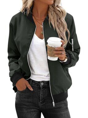 Women's Dark Grey Polyester Zip Up Sweatshirt Long Sleeve Casual Bomber Jacket